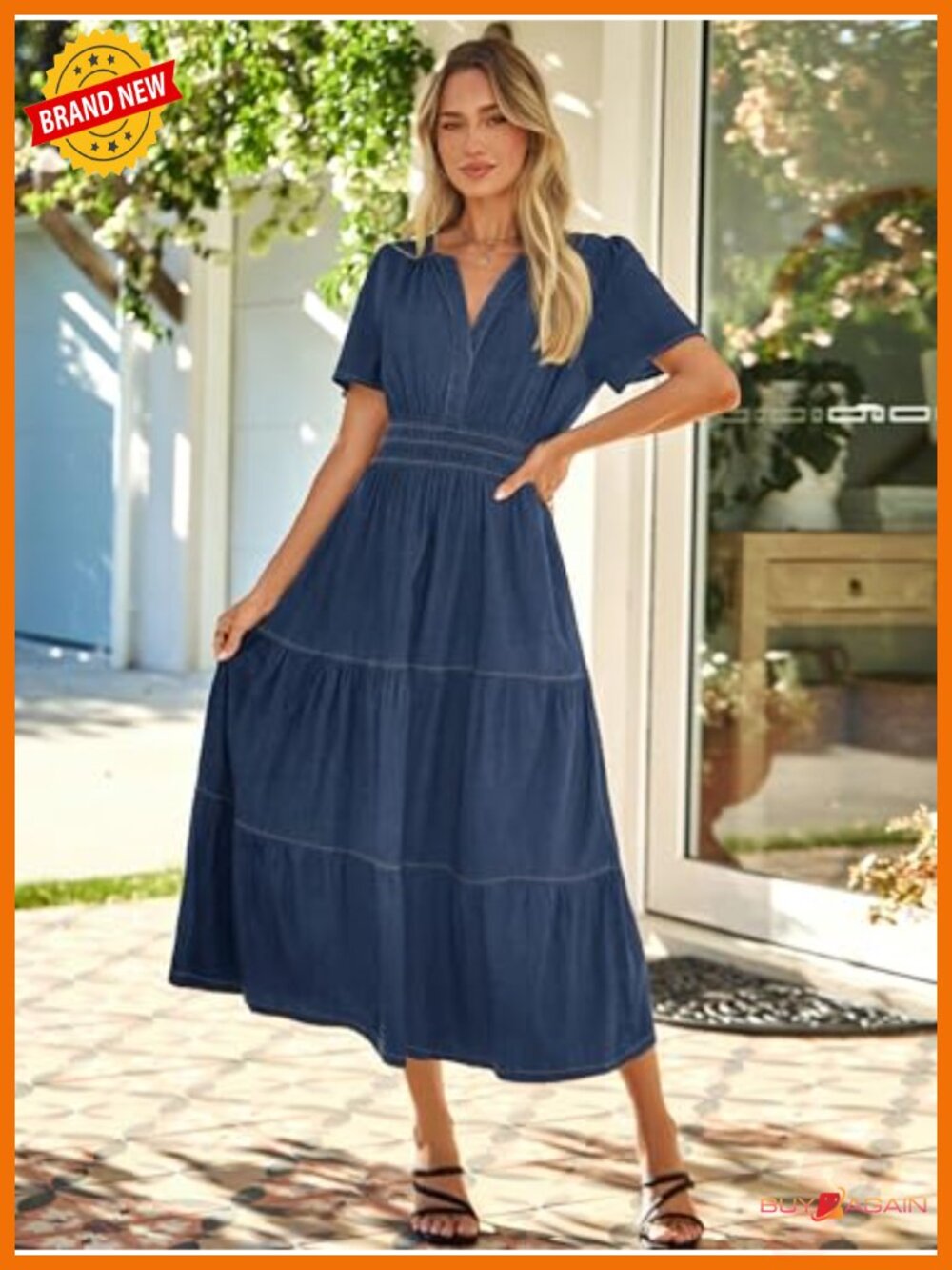 Simplee Denim Maxi Dress Short Sleeve V Neck Flowy Casual Summer Jean Dress - Picture 2 of 6